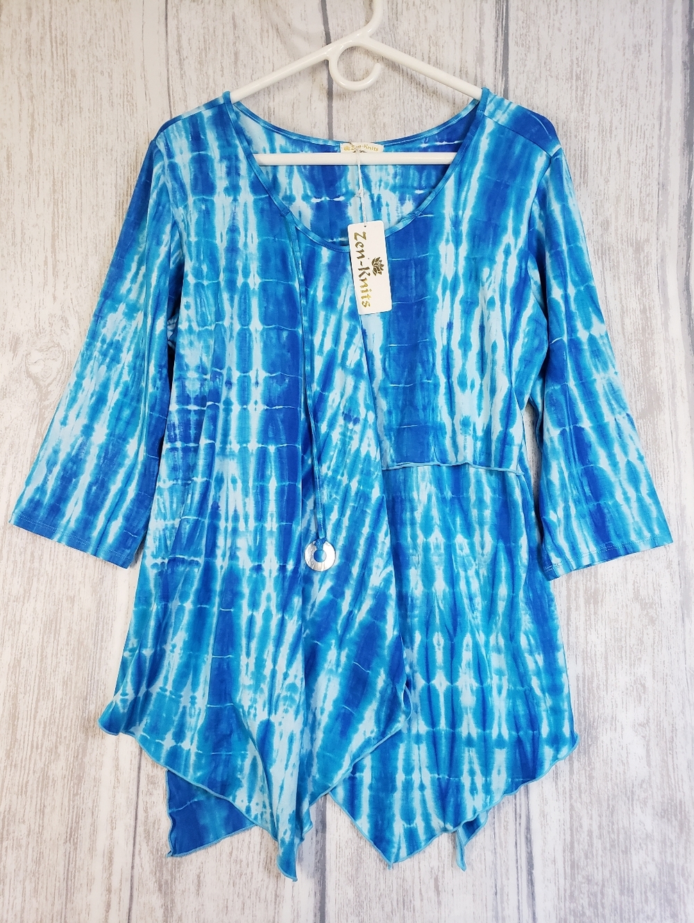 Zen-Knits New Tunic Top Blue Art To Wear Asymmetrical hem Size XL Boho Chic
